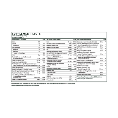 Ingredients including Vitamin A, Beta Carotene, Vitamin C, Ascorbic Acid, Vitamin D, D3, Vitamin E, D-Alpha Tocopherols, Mixed Tocopherols, Thiamine HCI, Riboflavin, Niacin, Vitamin B6, P5P, Folate, Methyltetrahydrofolate, l5mthfr, Vitamin b12, Methlycobalamin, Biotin, Pantothenic acid, Choline,  Calcium, Iron, Magnesium Citrate, Zinc Bisglycinate, TRAACS, Selenium, Manganese, Chromium, Molybdenum, Sodium, Potassium, Pea Protein, Glycine, MCT, Glutamine, Lysine, Milk thistle, Taurine, Grape Seed Extract