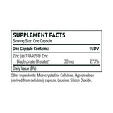 Text describing the ingredients: Zinc (as Traacs Zinc Bisglycinate Chelate) 30mg.