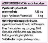 Text listing the ingredients including Pyridoxal 5 phosphate monohydrate