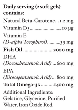 Text listing the ingredients including Natual Beta-Carotene, Vitamin d3, Vitamin e, D-alpha Tocopherol, Fish oil, DHA, EPA