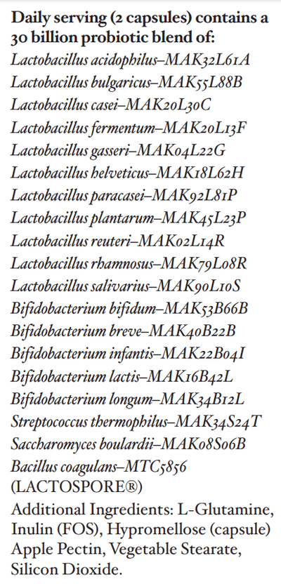 Text listing the ingredients including Lactobacillus acidophilus, Bulgaricus, Casei, Fermentum, Gasseri, Helveticus, Paracasei, Plantarum, Reuteri, rhamnosus, Salivarius, bifidum, Breve, infantis, lactis, longum, thermohilus, boulardii, coagulans, lactospore