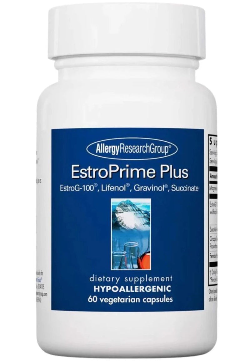 A bottle with the label EstroPrime Plus by Allergy Research Group.