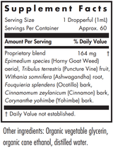 Text describing the ingredients which include Epimedium Species, Horny Goat Weed, Aerial, Tribulus terrestris, Puncture vine, Withania somnifera, Ashwagandha, Forquieria splendens, Ocotillo, Cinnamomum zeylanicum, Cinnamon, Corynanthe yohimbe, Yohimbe